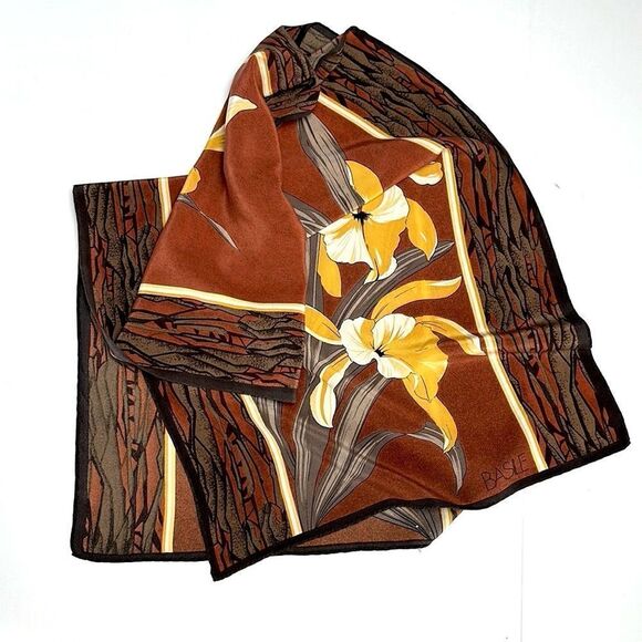 Basile Oblong Silk Scarf Brown Yellow Orchid Hand Rolled - Picture 7 of 10